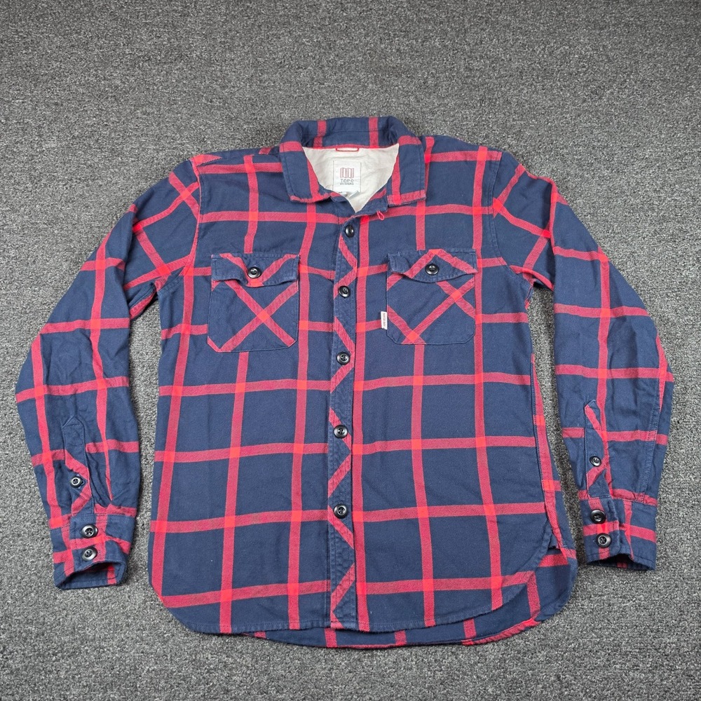 Topo Designs Flannel Shirt Navy Red Mens Medium Organic Cotton Plaid Loop Collar